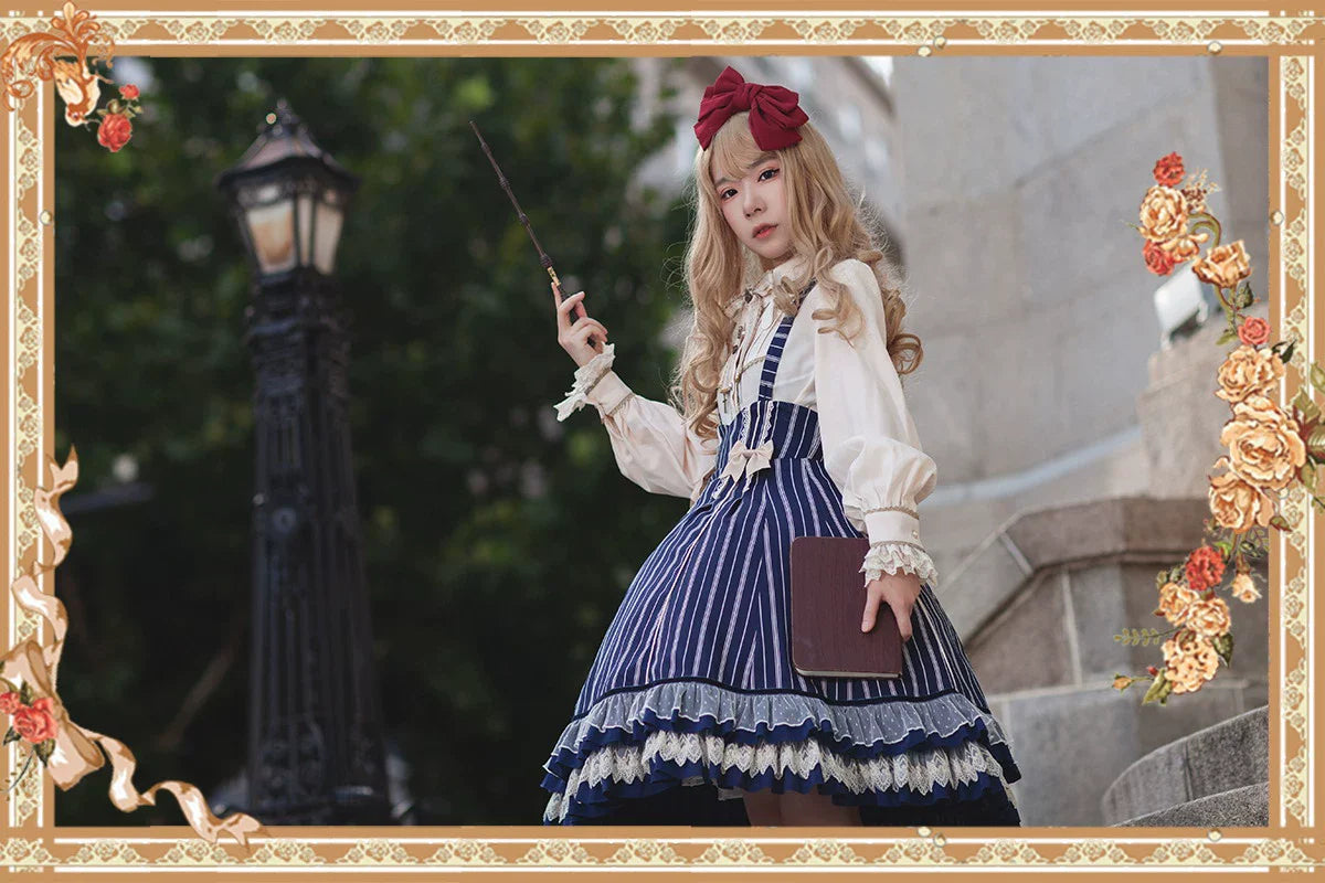 Infanta - Elegant Lolita Stripe High-waist Jumper Dress Set and Cape