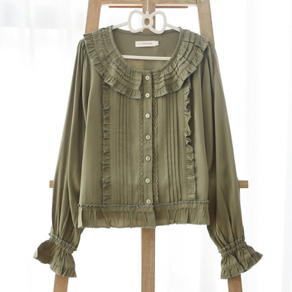 MIST - Wine Drunk Rose - Sweet Cotton Lolita Blouse with Ruffles and Pleats