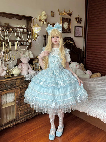 Hanguliang - Fudie Heart - Sweet Lolita JSK Dress With Tiered Skirt and Bow Trailing