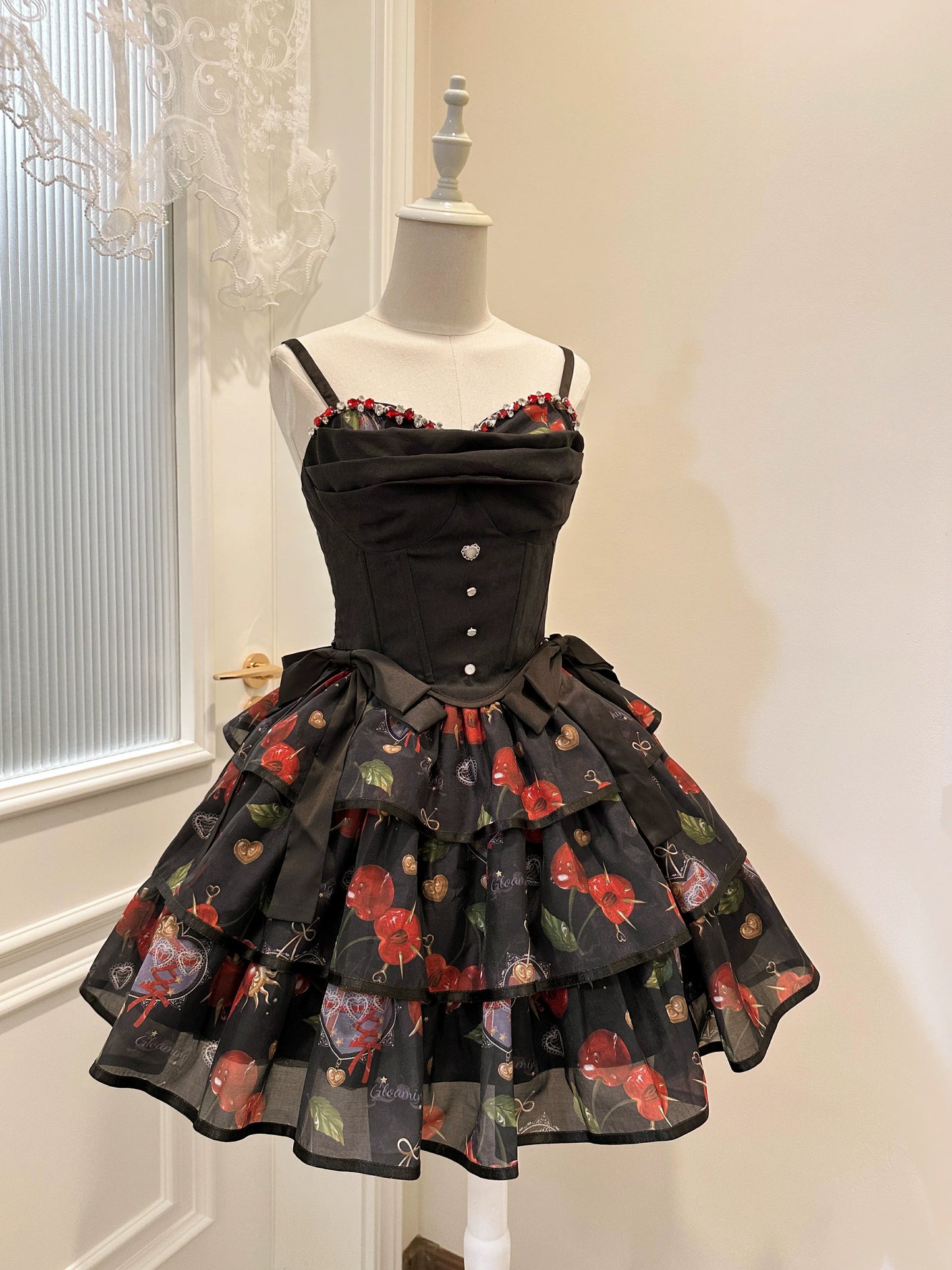 Gloaming - Sweet Lolita Cherry print Short Sleeve OP and SK Set