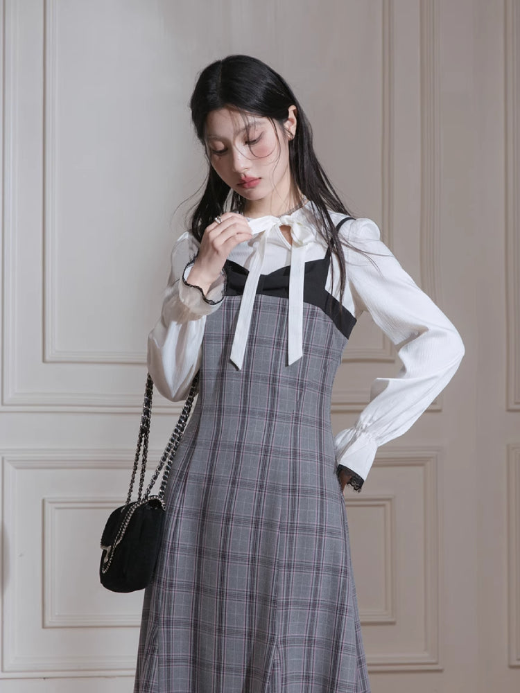 Plaid dress + pullover shirt set【s0000007222】