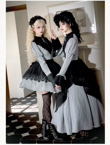 With PUJI - Nocturne SP - Striped Gothic Lolita OP Twin Lolita Dress with Apron