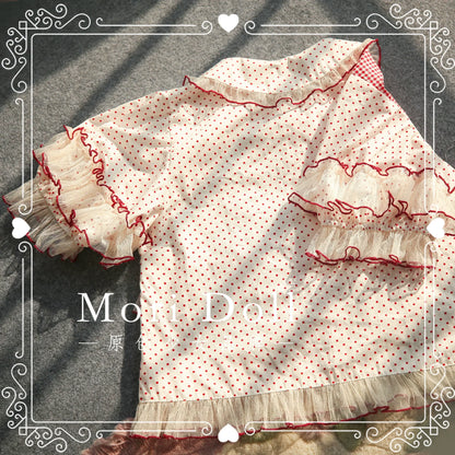 Mori Doll - Peach Tea - Sweet Lolita Dot and Stripe Print Short Sleeve Blouse
