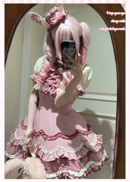 Sakurahime - Bunny Breeze - Pink Sweet Lolita OP Dress with Cute Hat and Bunny Ears