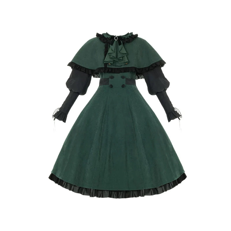 With PUJI - College of Potions - Elegantt Lolita OP Dress Black and Green Dress with Cape