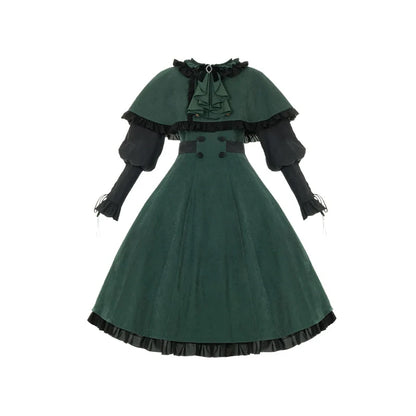 With PUJI - College of Potions - Elegantt Lolita OP Dress Black and Green Dress with Cape