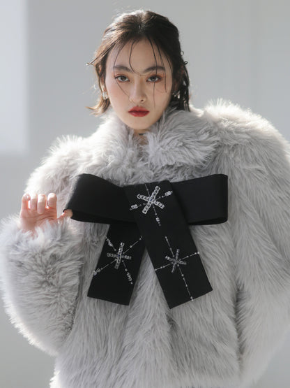 Hand-beaded Bow Decoration Faux Fur Coat