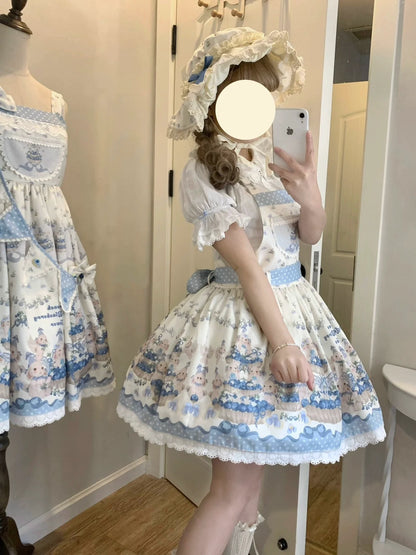 Akiyama Future Studio - Blueberry Tart Party - Sweet Blue Lolita Salopette Dress Blueberry Tart Print JSK Dress