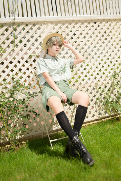 Princess Chronicles - Limited Flowering Time - Retro Green Flower Embroidery Shirt