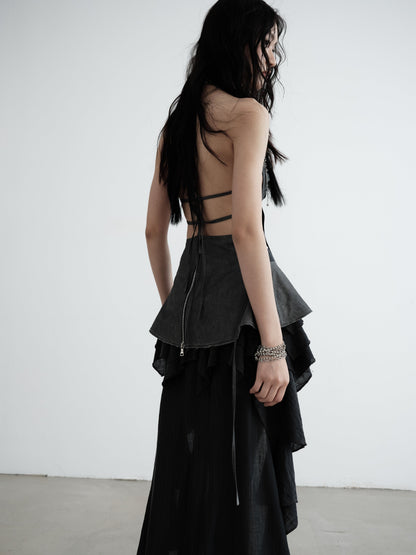 Hollow Waist Strap Three-dimensional Hem Halter-neck Camisole