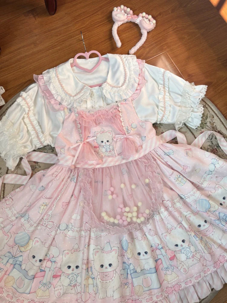 Suiyi - Meow Pompom - Sweet Lolita Salopette Dress Suit, Cat Print