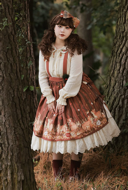 Miss Point - Chubby Fox in the Forest - Customized Lolita Skirt Embroidery Lace Cotton Lolita Skirt
