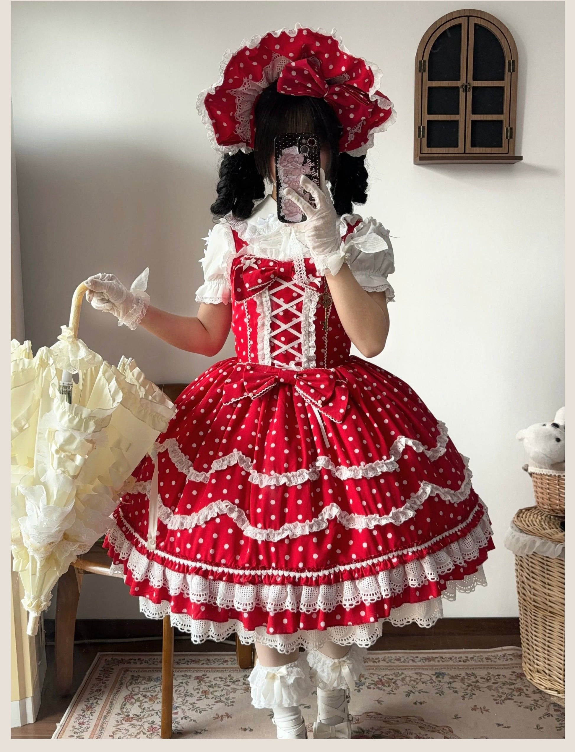 TaTaTa Lolita - Polka Bailys - Old School Lolita JSK Suit Red White Polka Dot Dress