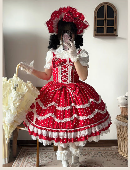 TaTaTa Lolita - Polka Bailys - Old School Lolita JSK Suit Red White Polka Dot Dress