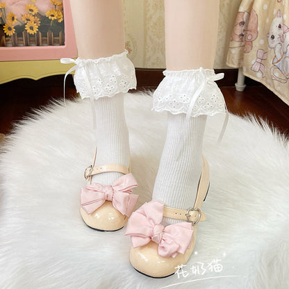 Hua Nai Cat - Sweet Cotton Lolita Socks Mid-Calf Socks with Lace and Bow