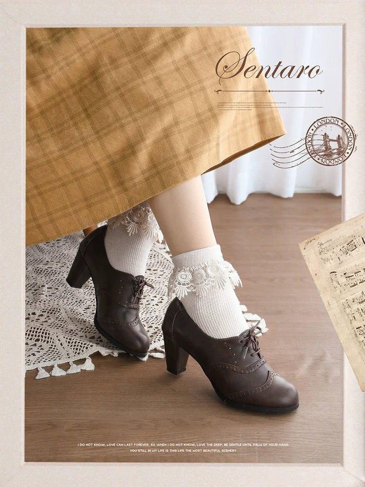 Sentaro - Retro Lolita Heel Shoes Handmade Perforated Strap Leather Shoes