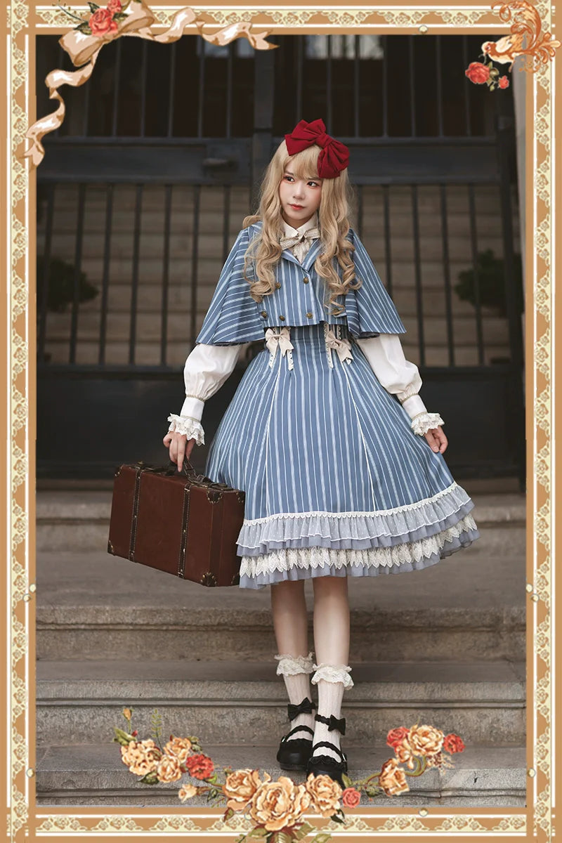 Infanta - Elegant Lolita Stripe High-waist Jumper Dress Set and Cape