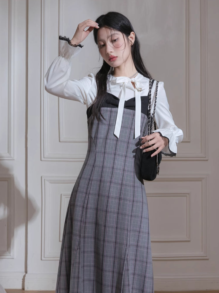 Plaid dress + pullover shirt set【s0000007222】
