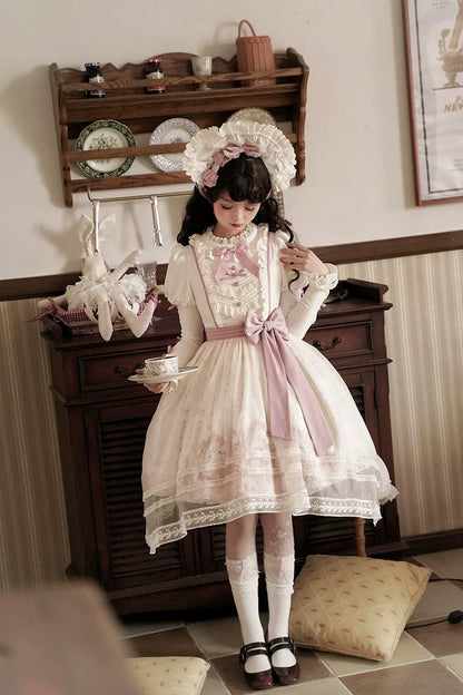 Half Sweet Lolita - Doll Garden - Sweet Lolita JSK Dress Cat Print Pink Dress Set