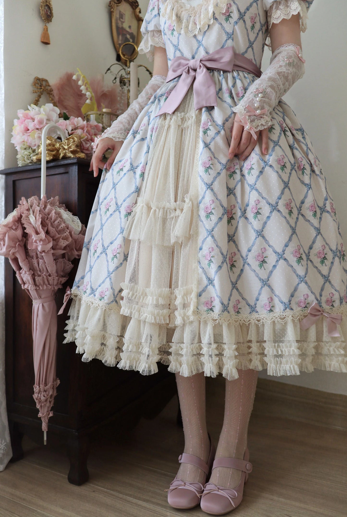 Moon River - Elegant Lolita OP Dress Short Sleeve Square Neckline Print Dress