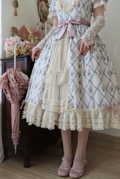 Moon River - Elegant Lolita OP Dress Short Sleeve Square Neckline Print Dress