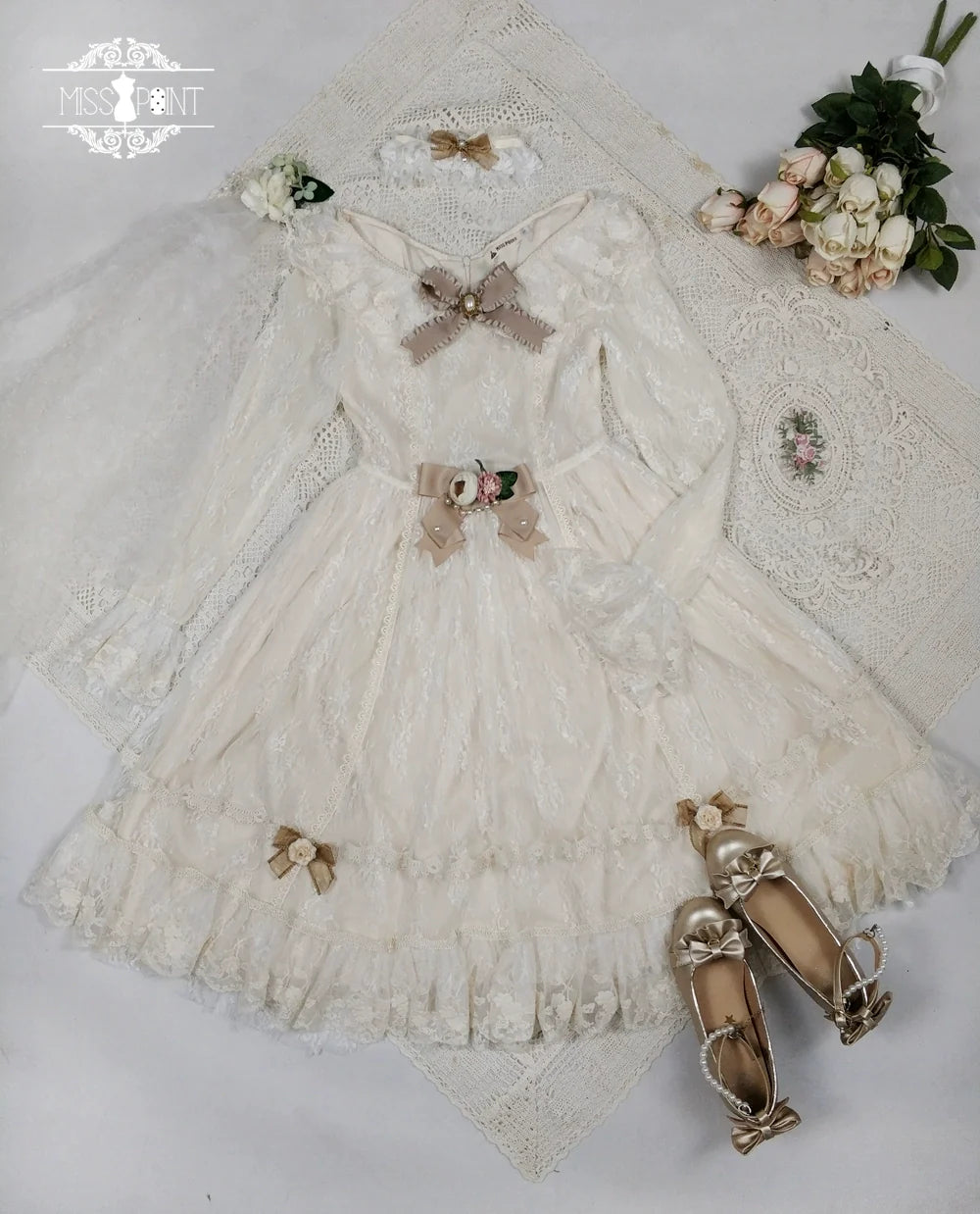 Miss Point - Dawn Girl - Reto Elegant lolita OP Dress Lace Long Sleeve