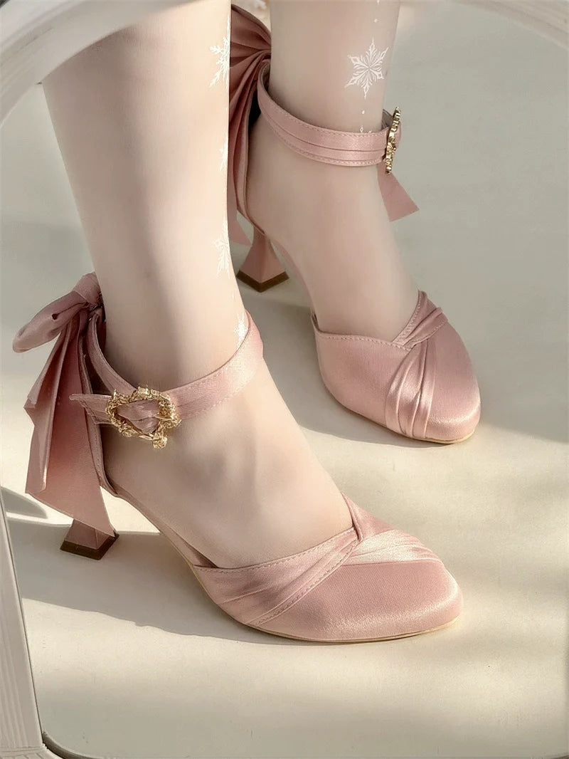 MR.Qiutian - Coronation - Elegant Lolita Shoes Satin Heels With Rose Buckle & Bow Clip