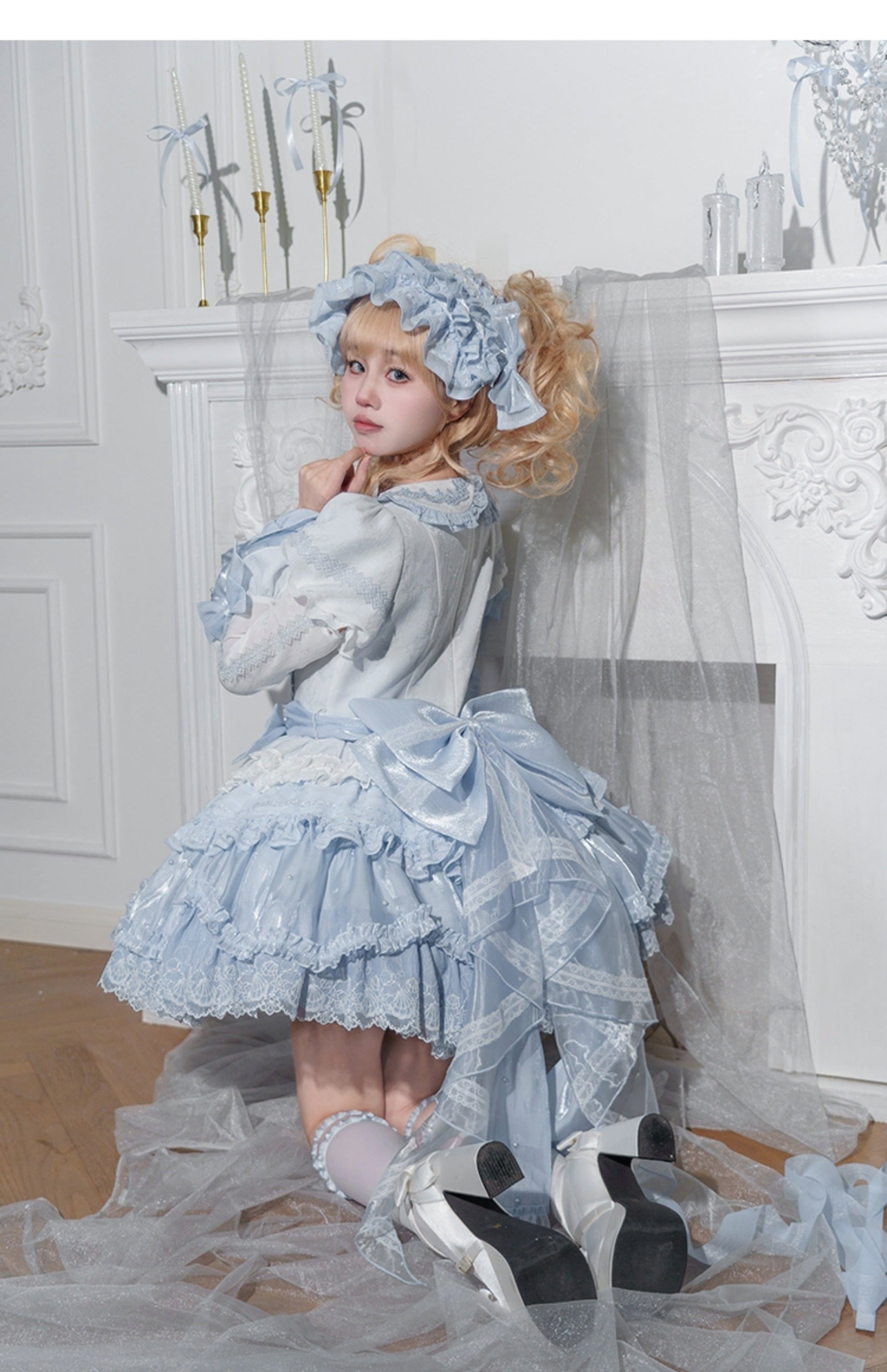 Honey Machine - Blue Whale - Sweet Lolita OP Suit Tiered Ruffle Dress with Shell Lace