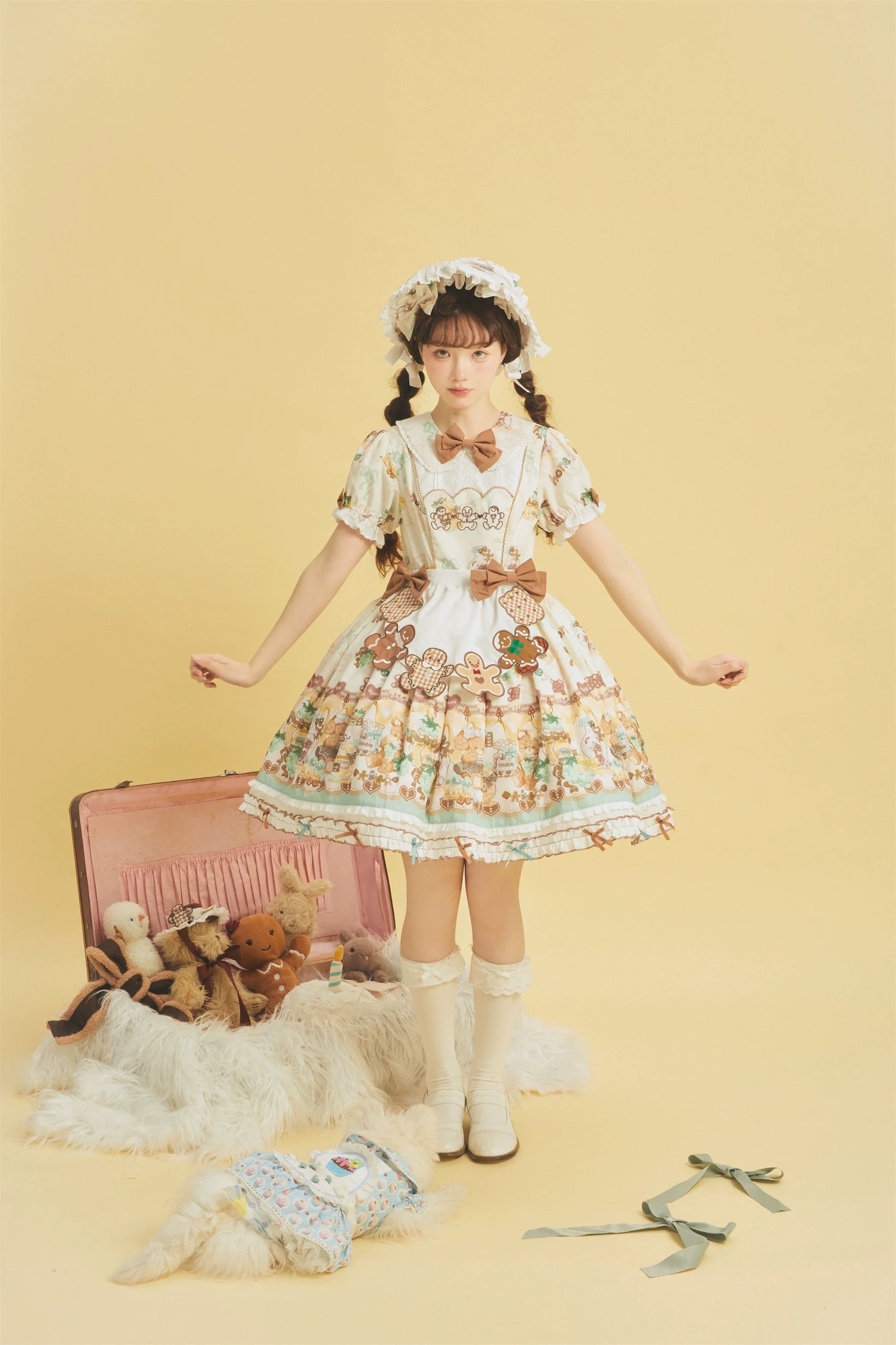 Babyblue - Little Bear Honey Jar - Kawaii Lolita Short Sleeve OP Gingerbread Man Embroidered Dress