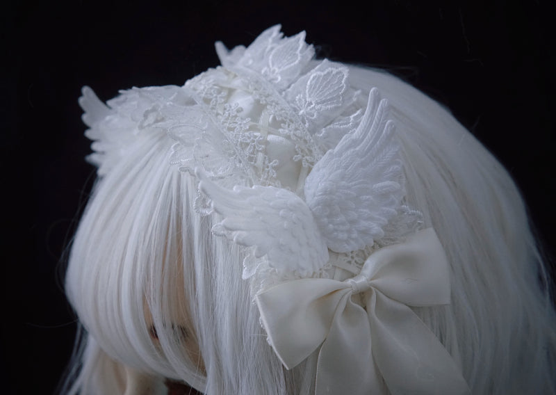 Strange Sugar - Gothic Lolita White Lace Angel Wings Hairband