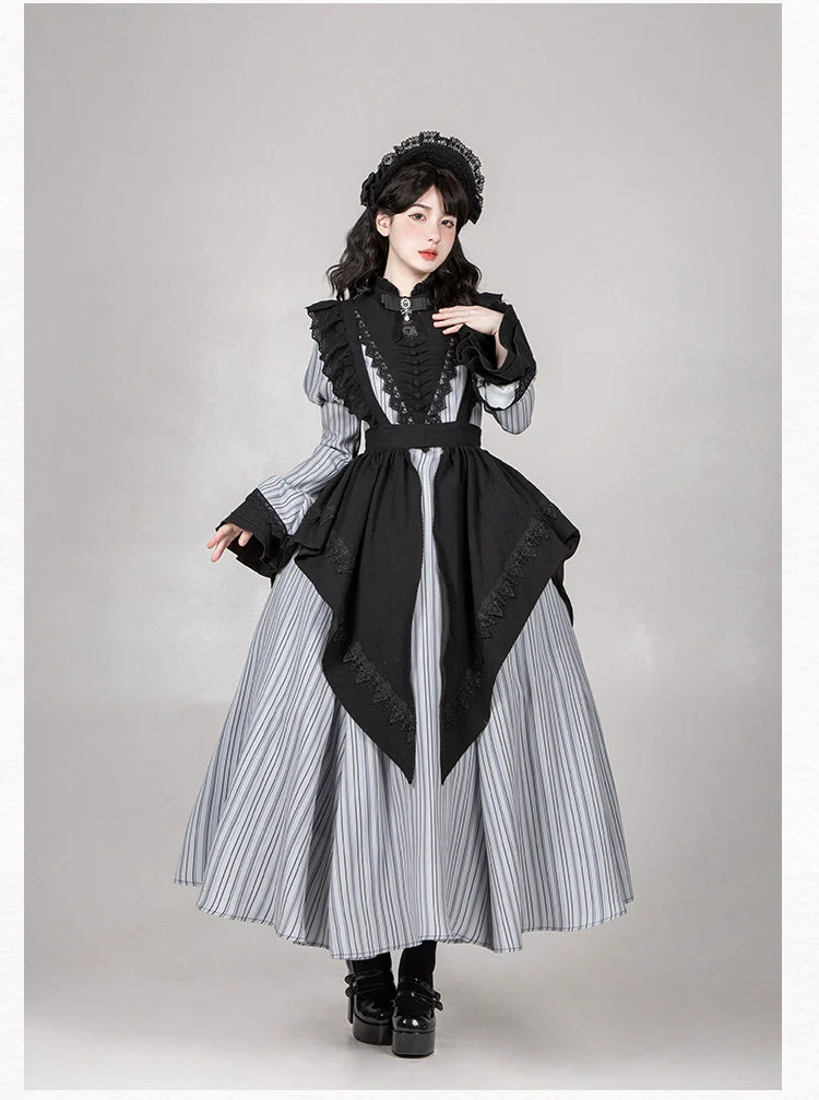 With PUJI - Nocturne SP - Striped Gothic Lolita OP Twin Lolita Dress with Apron