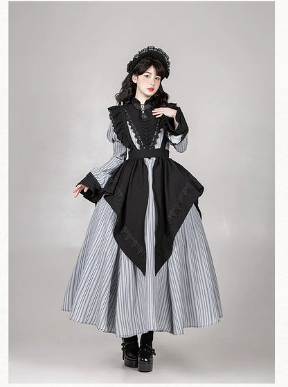 With PUJI - Nocturne SP - Striped Gothic Lolita OP Twin Lolita Dress with Apron