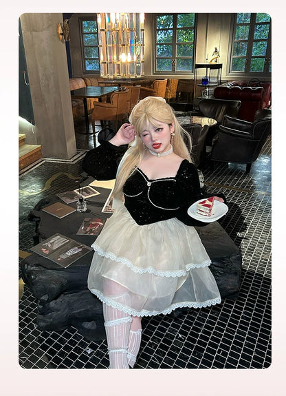 Yingtang - Plus Size Lolita Dress Velvet Long Sleeve