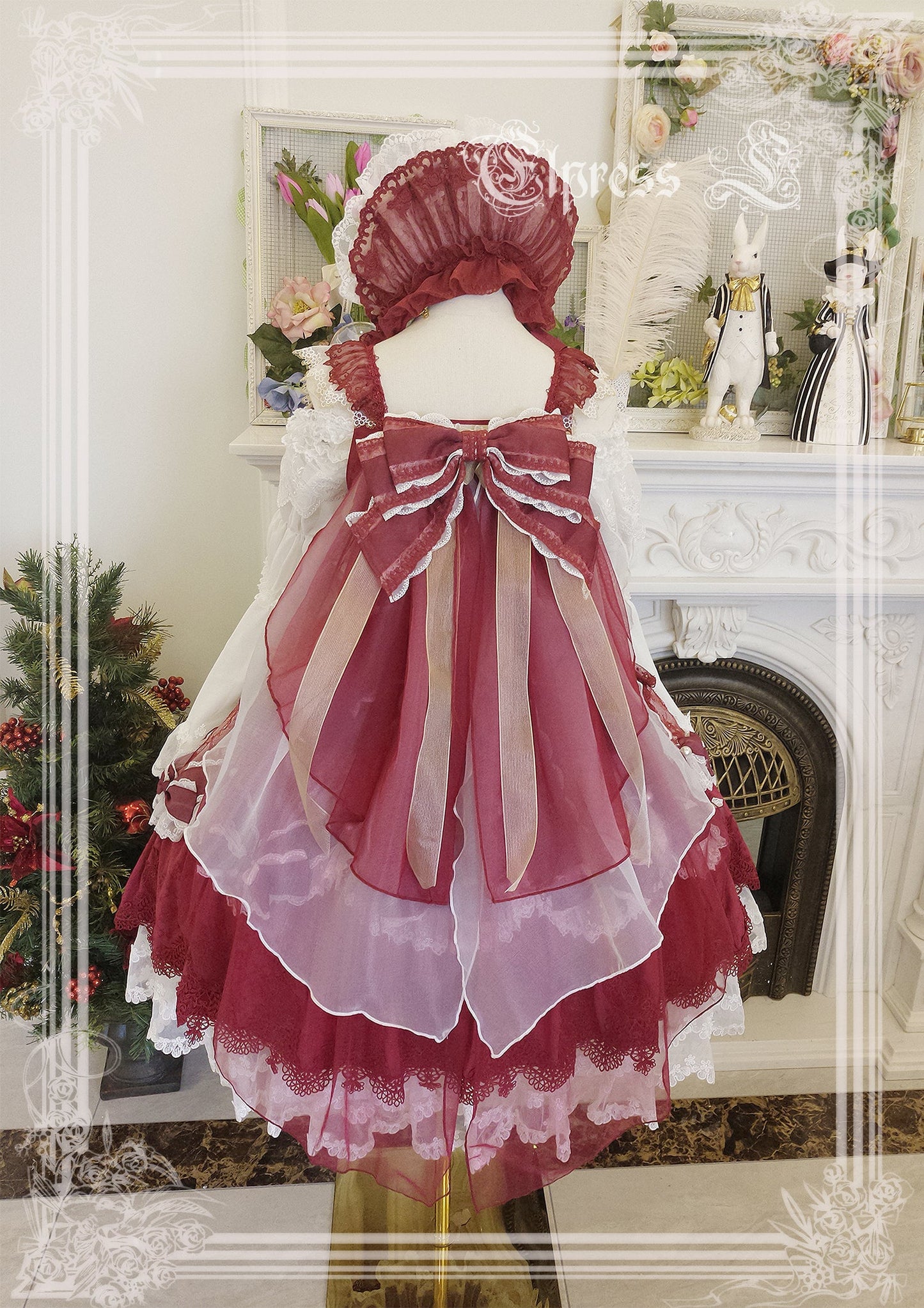 Elpress L - Christmas Flower Hairpins Lolita Mesh Veil KC Bonnet