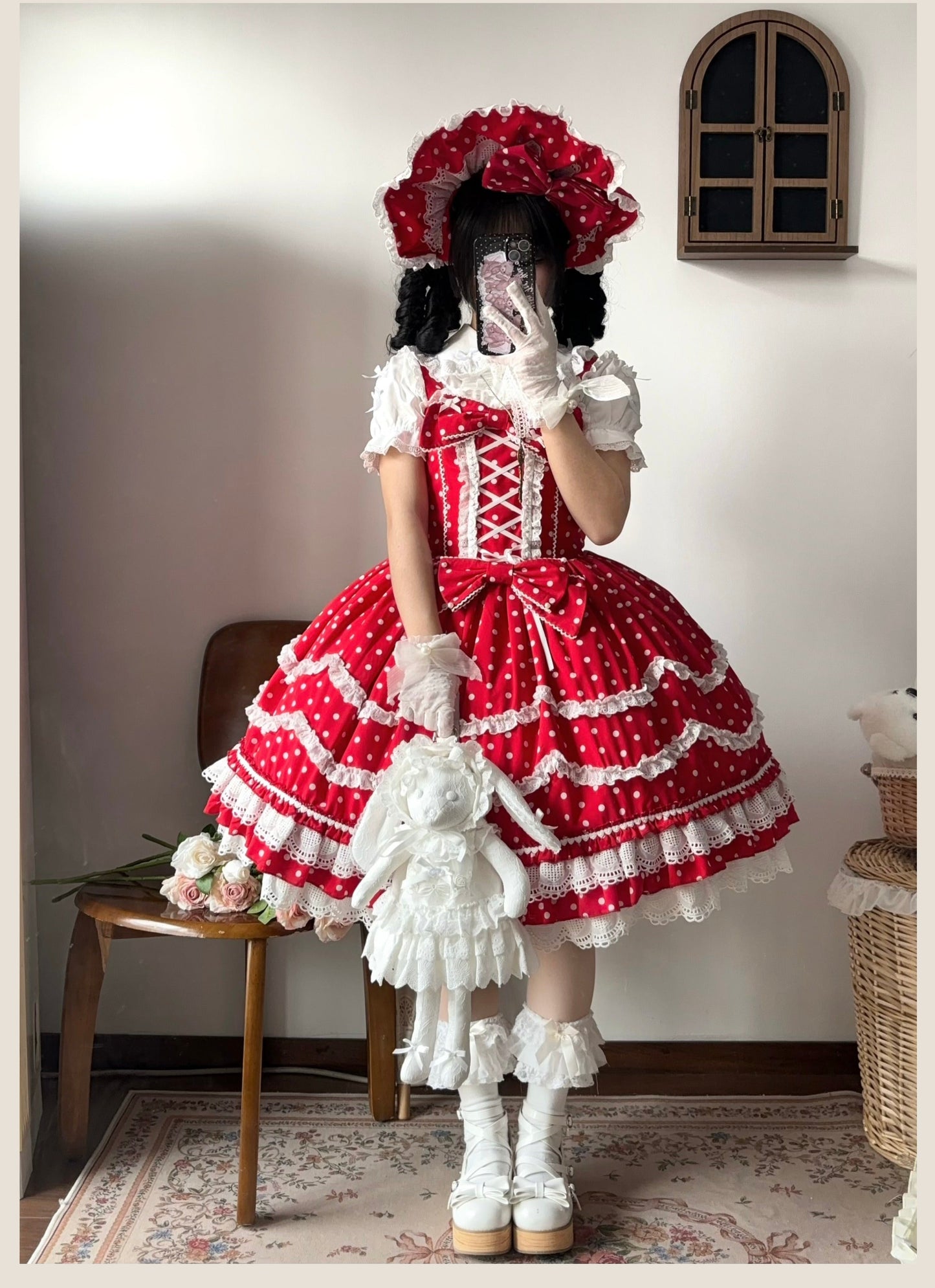 TaTaTa Lolita - Polka Bailys - Old School Lolita JSK Suit Red White Polka Dot Dress