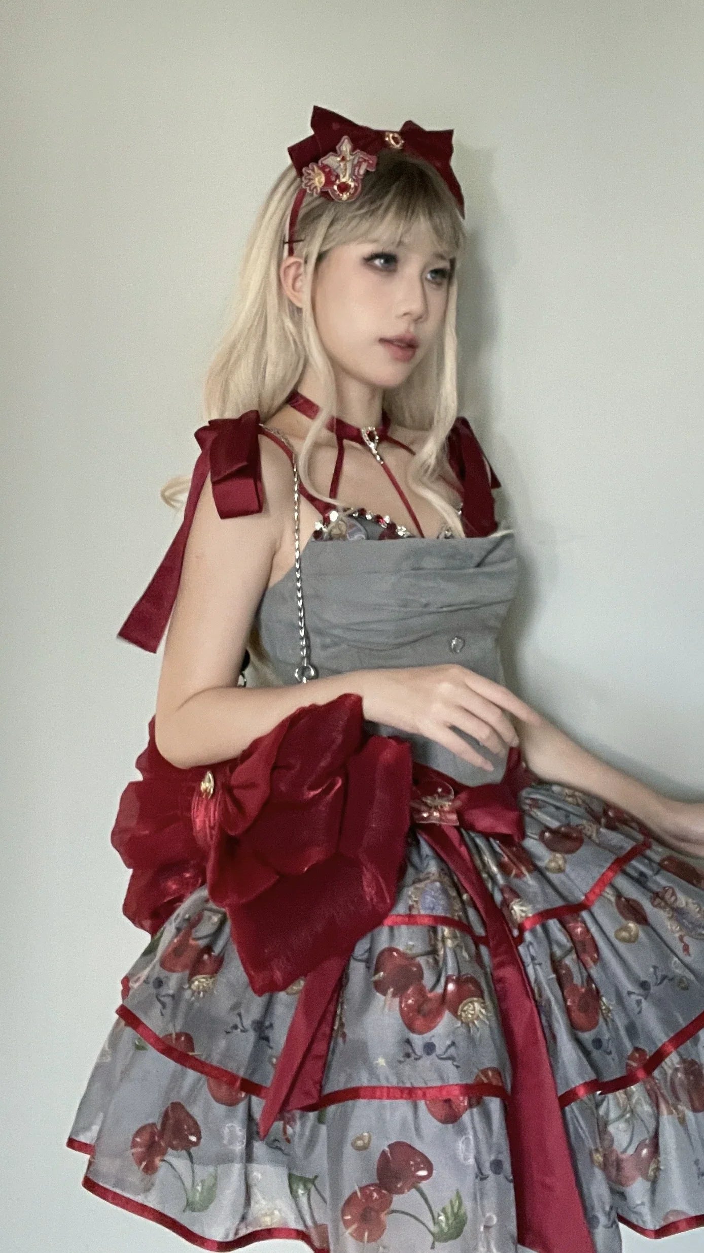 Gloaming - Sweet Lolita Cherry print Short Sleeve OP and SK Set