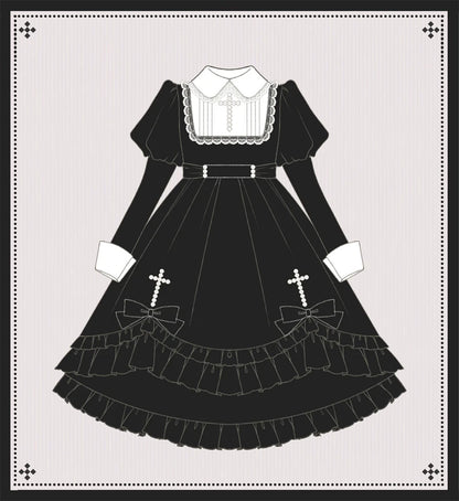 Your Princess - Gothic Lolita Velvet Maid OP Dress, Pearl Cross Accents