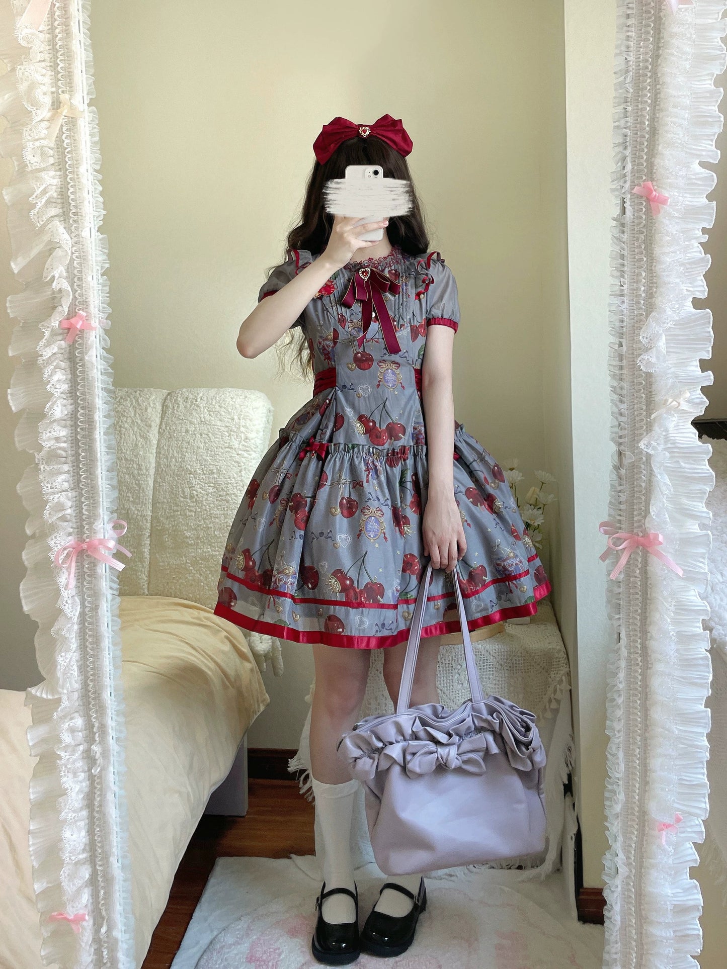 Gloaming - Sweet Lolita Cherry print Short Sleeve OP and SK Set