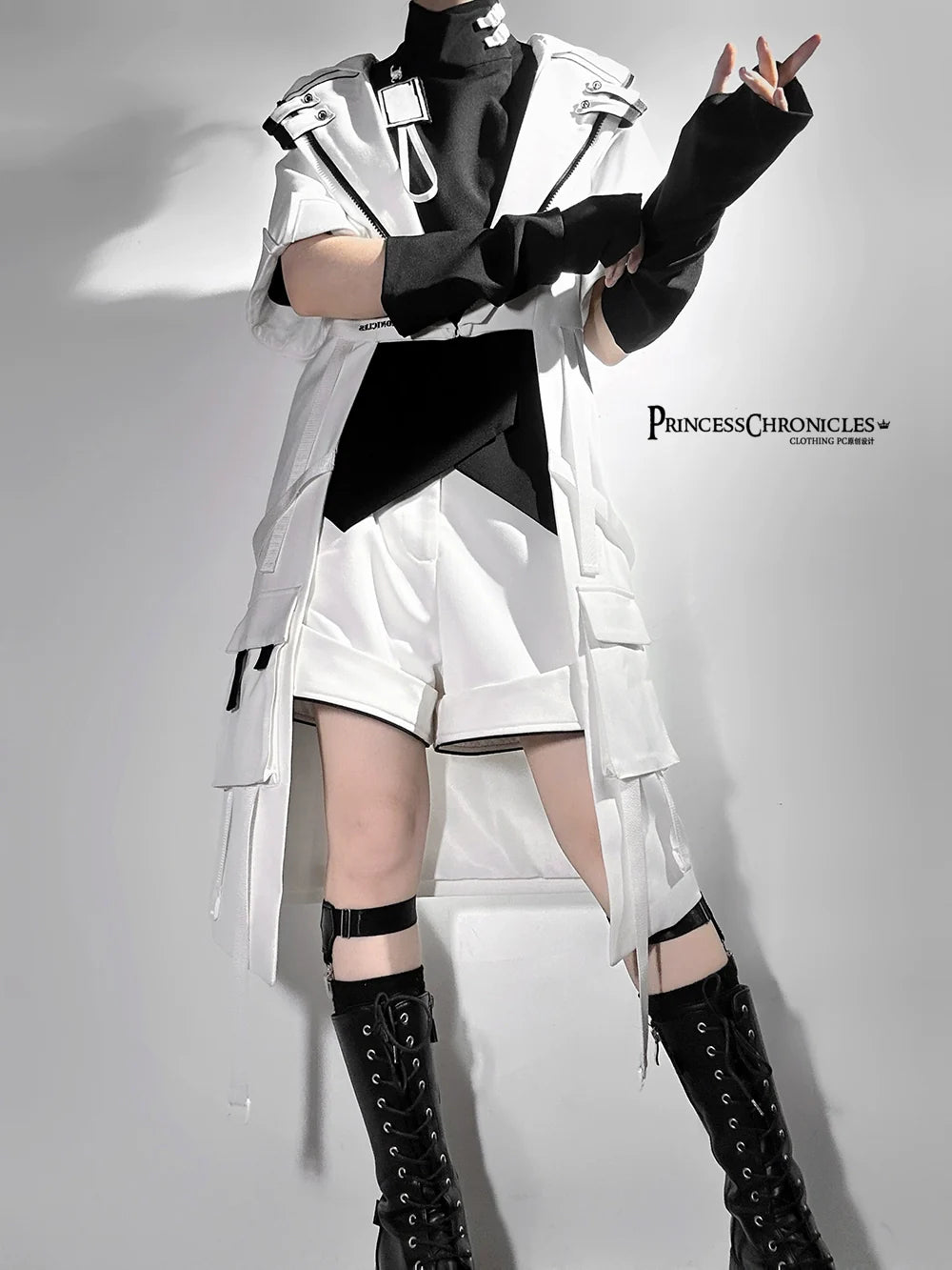 Princess Chronicles - White Cat - Futuristic Style Cool Lolita Pants Suit With Cat Ear Coat