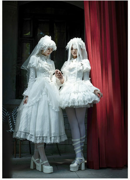 With PUJI - Fallen Heaven - White Gothic Lolita OP Set, Double Layered Skirt