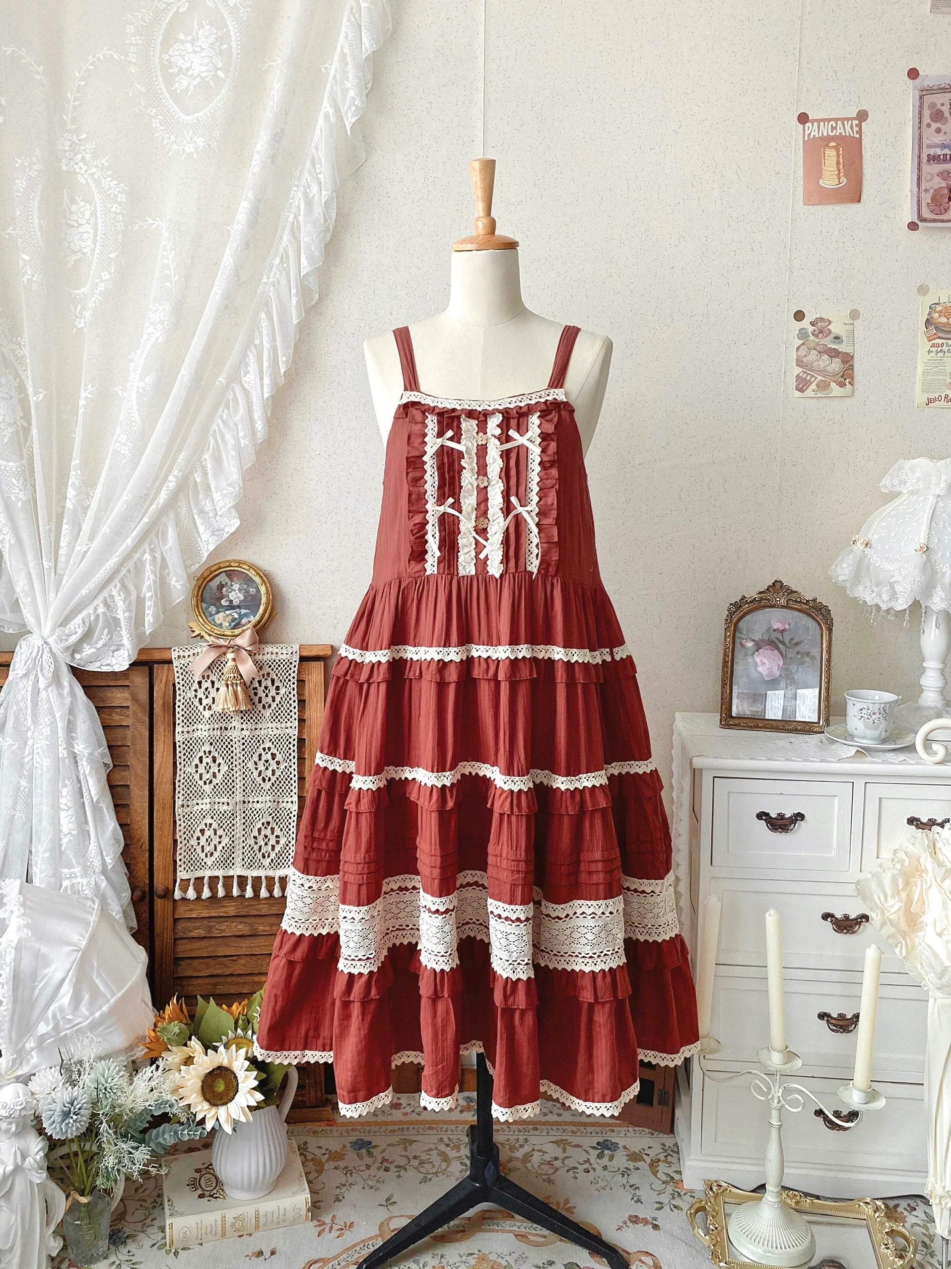 Qianmu - Summer Floral Tea - Country Lolita Cotton Jumper Dress Burlap Dress