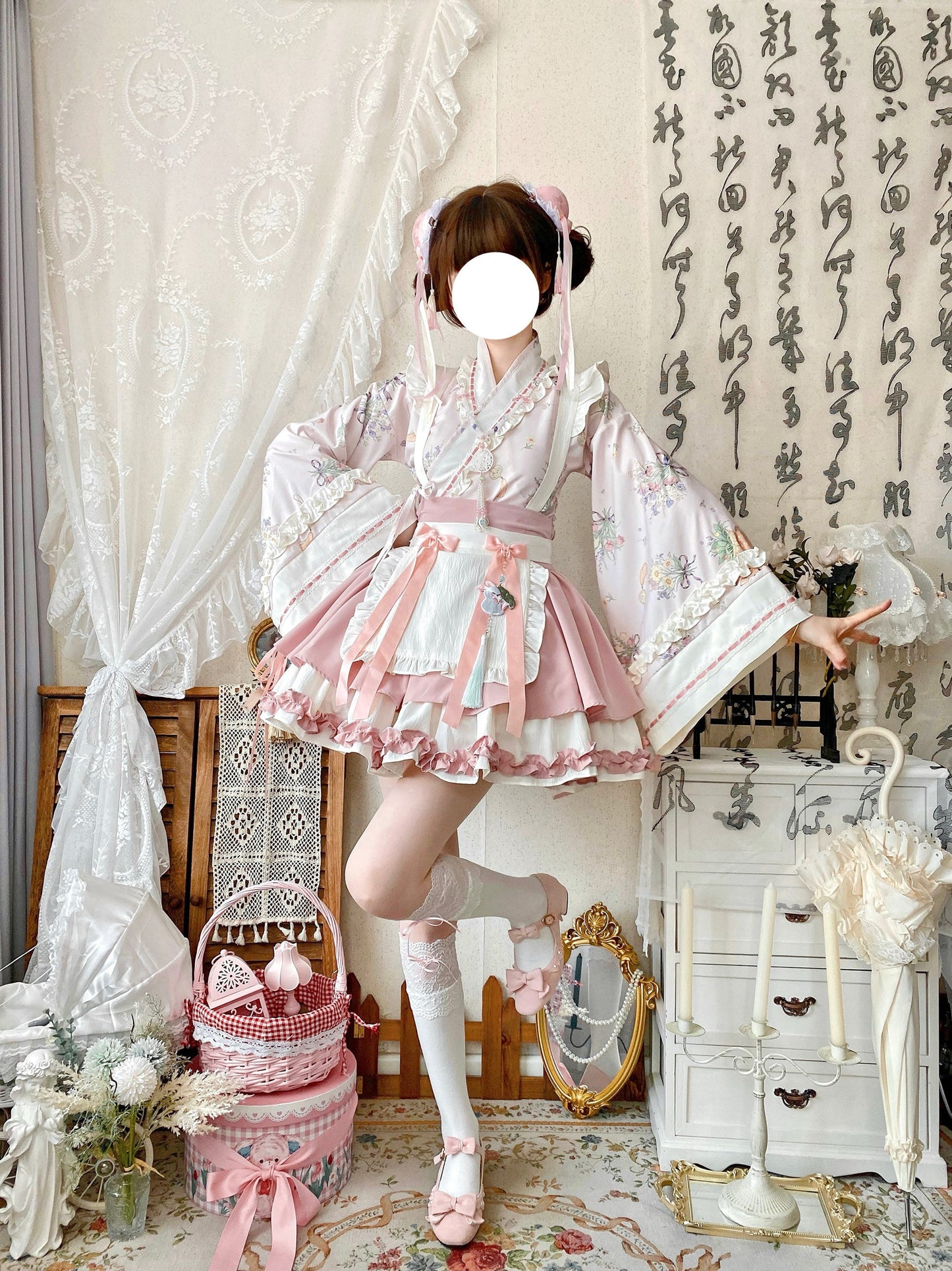 Qianmu - Little Herbalist - Han Lolita Skirt Outfit with Cross-collar Blouse and Apron