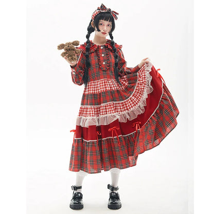 Soso Meme Club - Vintage Lolita OP Dress Red Lolita Plaid Dress for Spring Summer