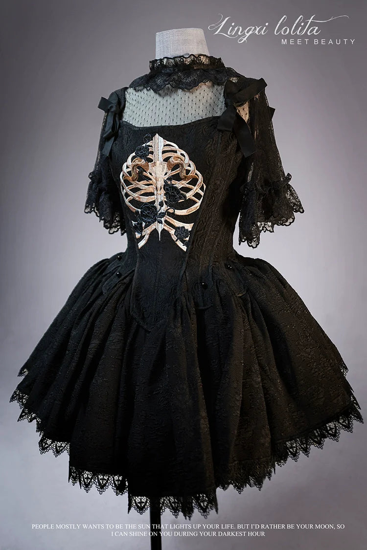 Lingxi Lolita - Bone island Gothic Lolita Corset Goth Blouse Skirt Set