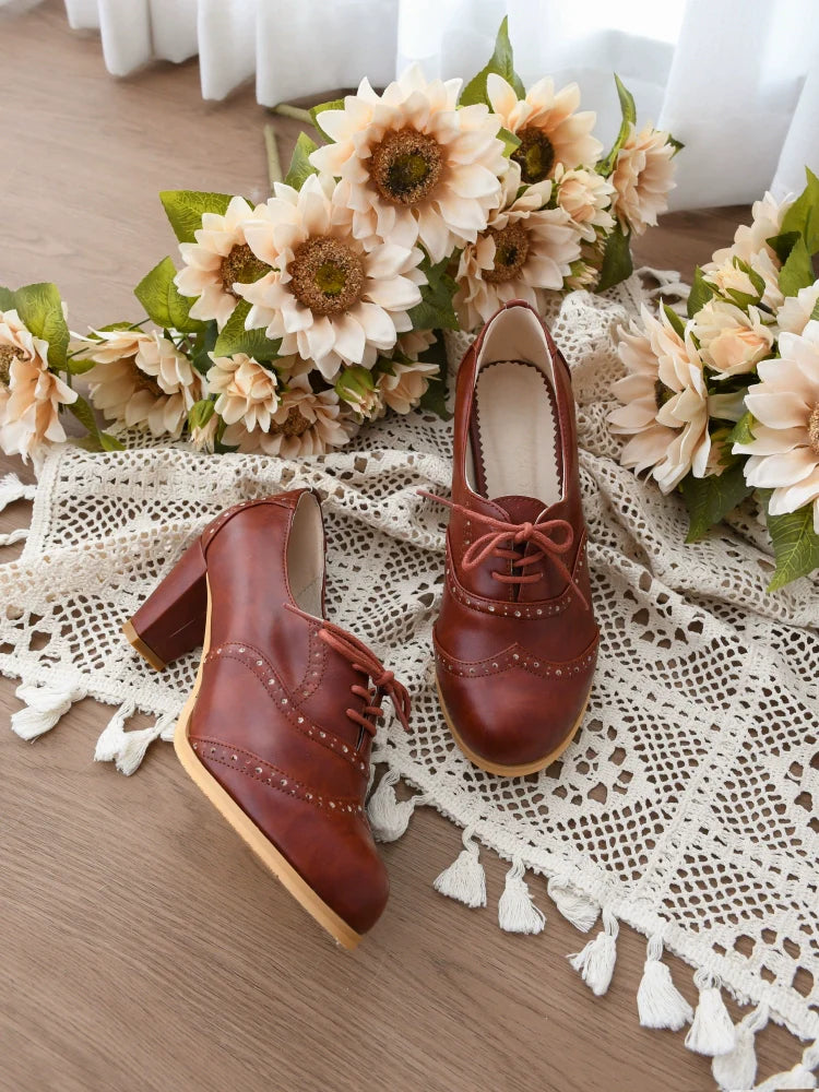 Sentaro - Retro Lolita Heel Shoes Handmade Perforated Strap Leather Shoes