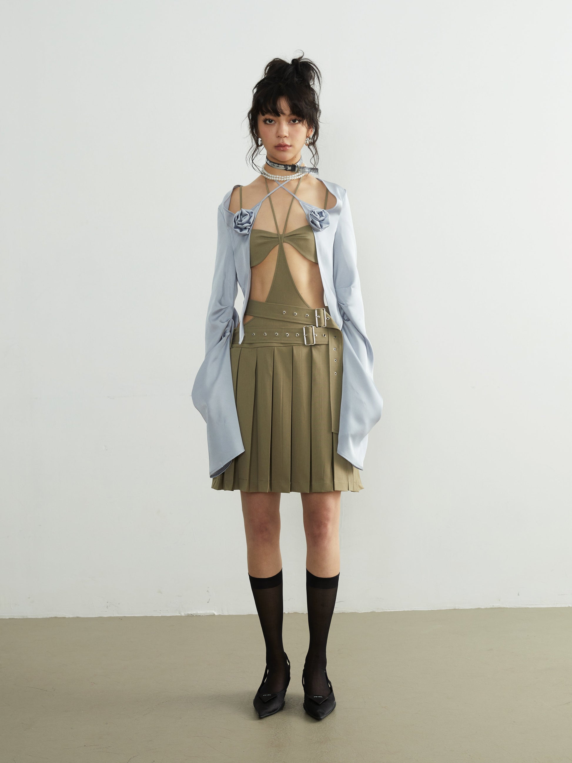 Hollow Belt Decoration Pleated Suspender Skirt