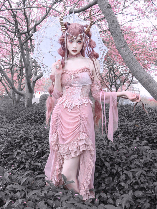 Blood Supply - Sakura Nightmare - Pink Gothic Velvet Drawstring Dress
