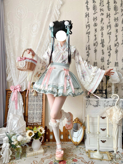Qianmu - Little Herbalist - Han Lolita Skirt Outfit with Cross-collar Blouse and Apron