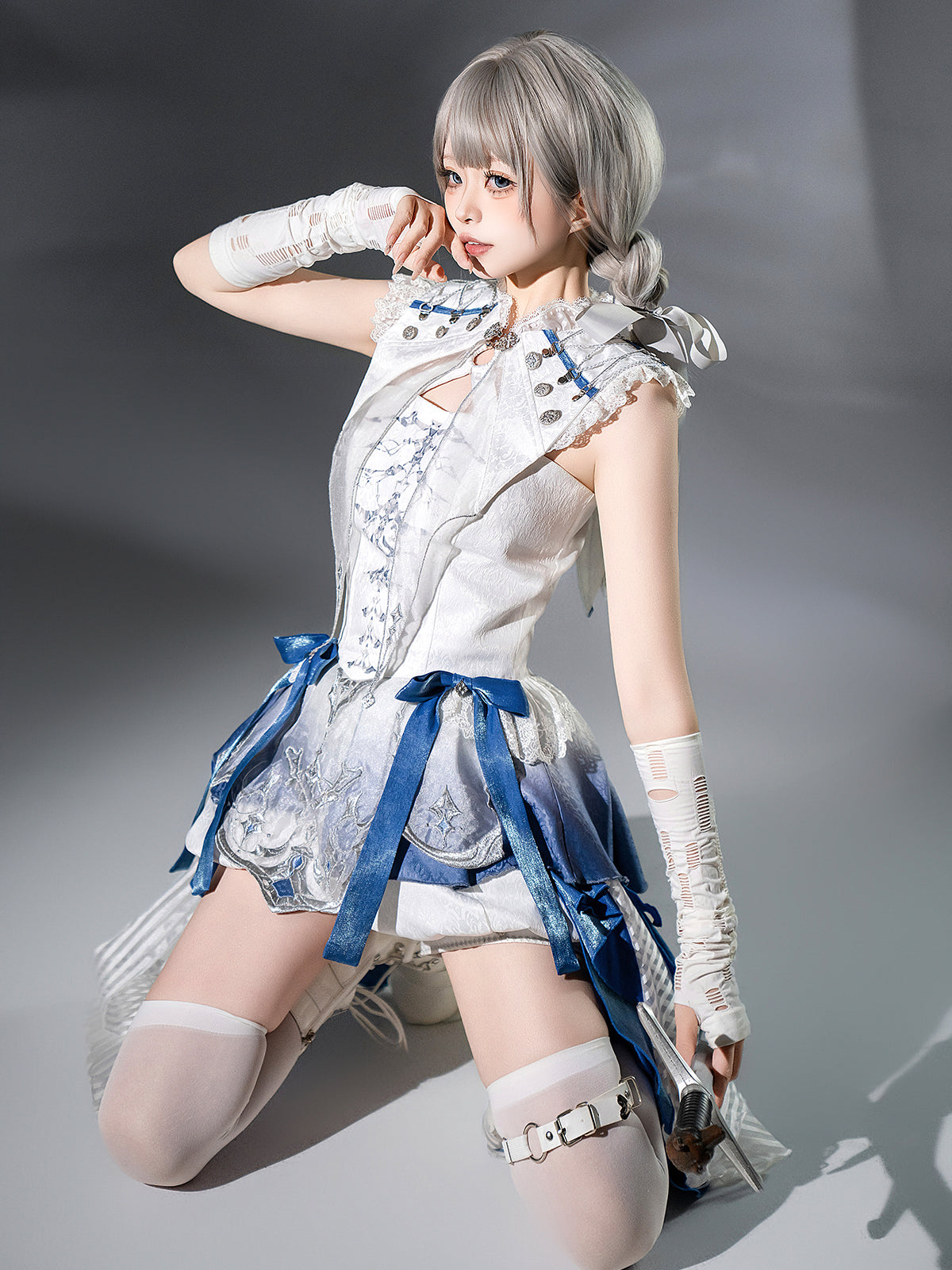 Designer's Gift - Blue Dragon Bone - Ouji Lolita Shorts Suit with Embroidery and Trailing