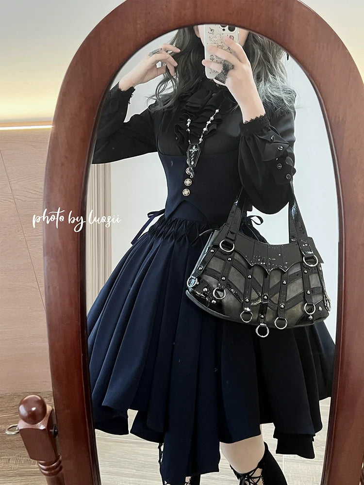 Sentaro - Pleated Irregular Knit Floral Slim Fit Vest and Half Skirt Set